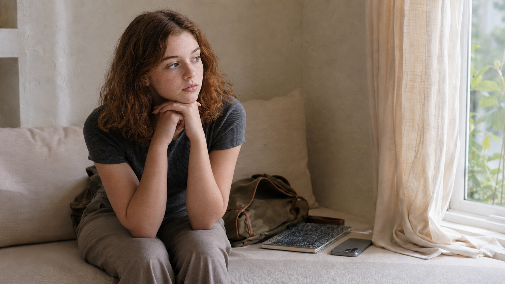 A thoughtful teenager sitting quietly by a window, with a backpack and phone nearby